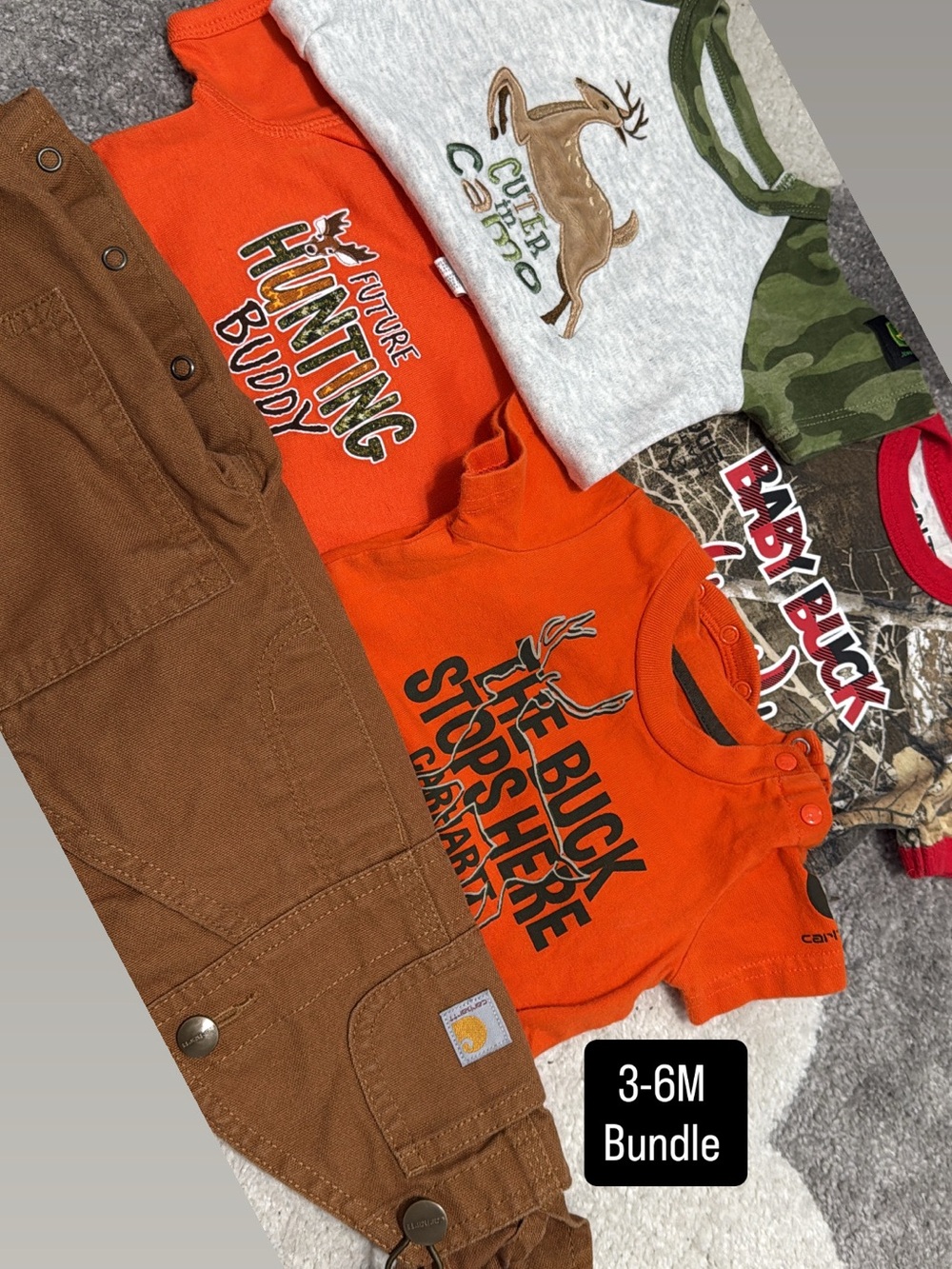 Carhartt Overalls and 4 bodysuits'